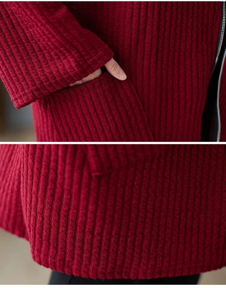Hooded Textured Swing Coat Stripe Fabric Zipper Closure Fall/Winter Cranberry