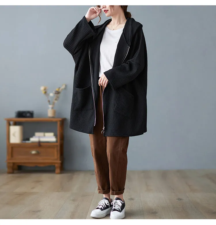 Hooded Textured Swing Coat Stripe Fabric Zipper Closure Fall/Winter Cranberry