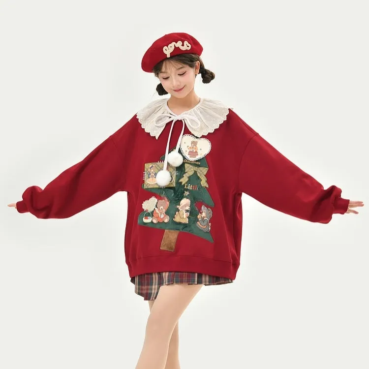 Kawaii Sweet Style Red Plus Velvet Christmas Sweatshirt