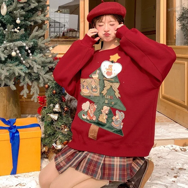 Kawaii Sweet Style Red Plus Velvet Christmas Sweatshirt