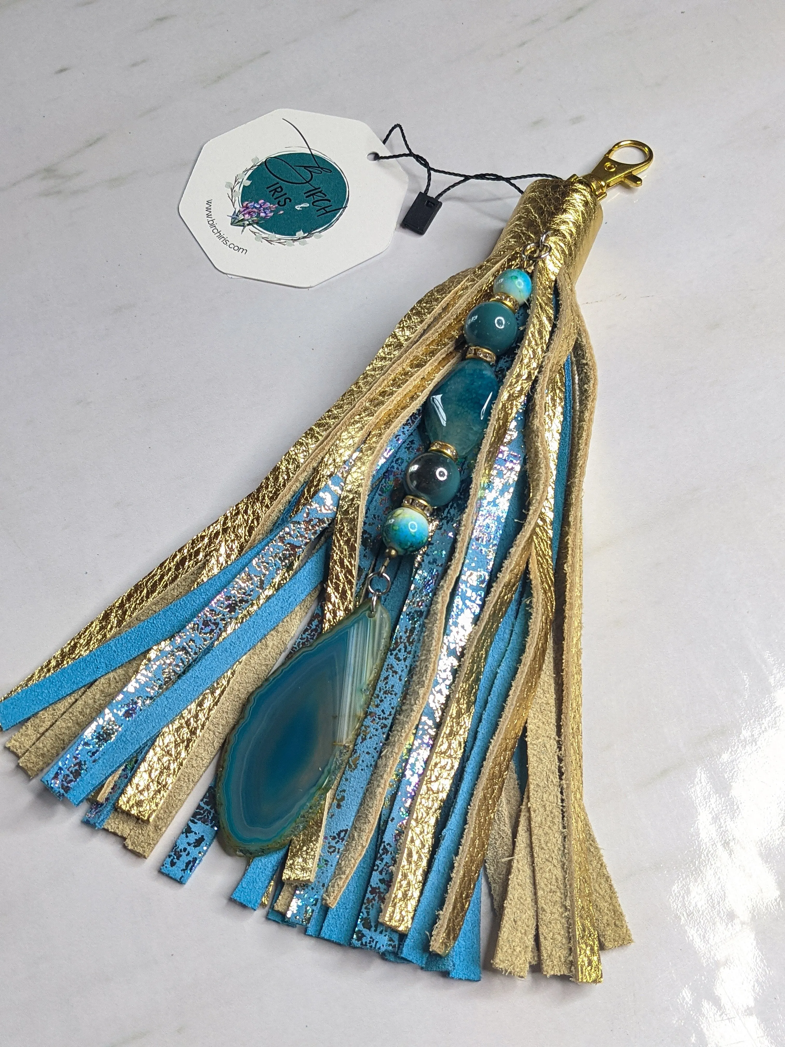 Large Handcrafted Leather purse tassel clip with genuine Agate