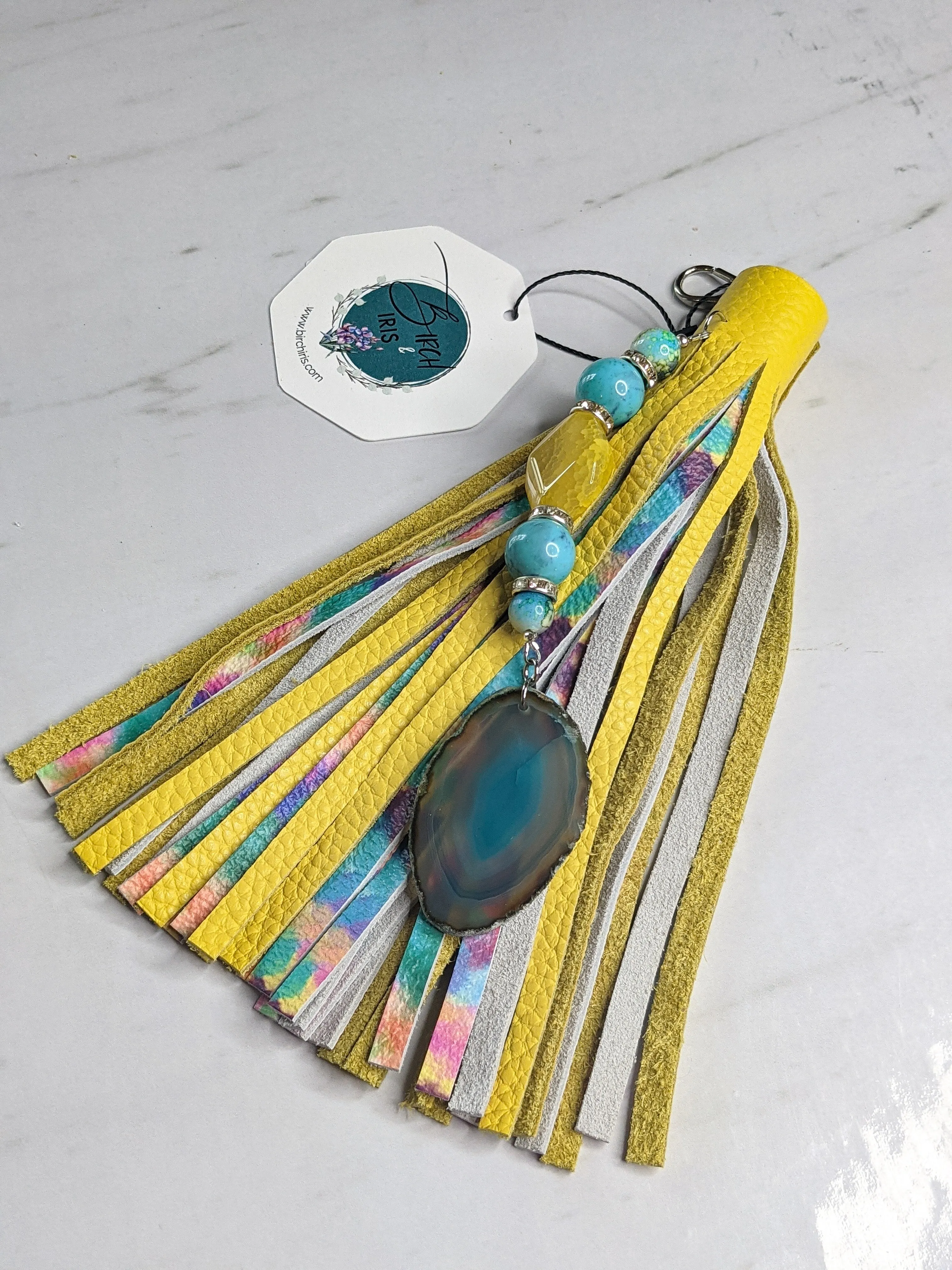 Large Handcrafted Leather purse tassel clip with genuine Agate