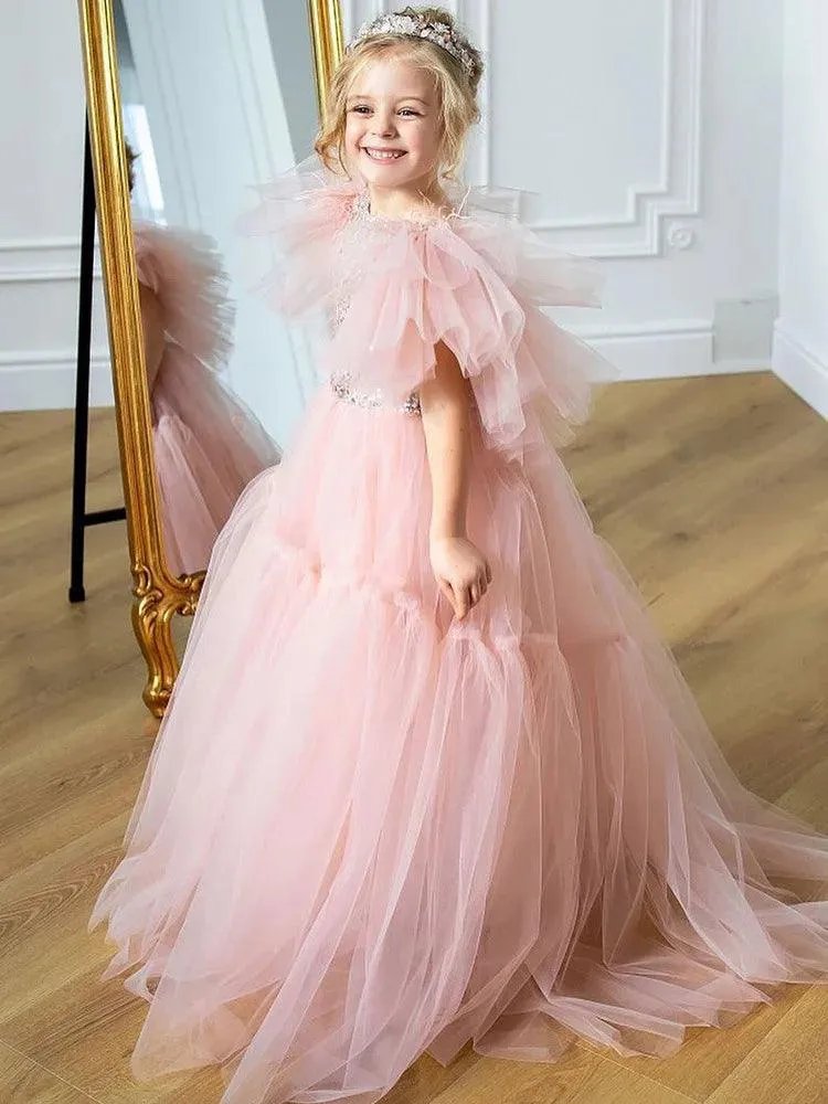 Light Pink Feather Flower Girl Dress - Tulle Puffy V-Back Princess Gown for Wedding, Birthday, First Communion