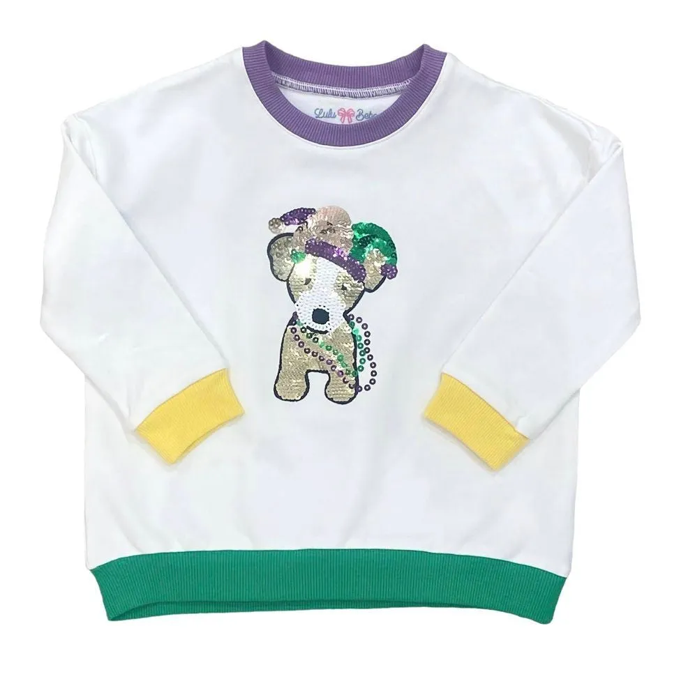 LuLu BeBe Girls Sequin Mardi Gras Pup Sweatshirt