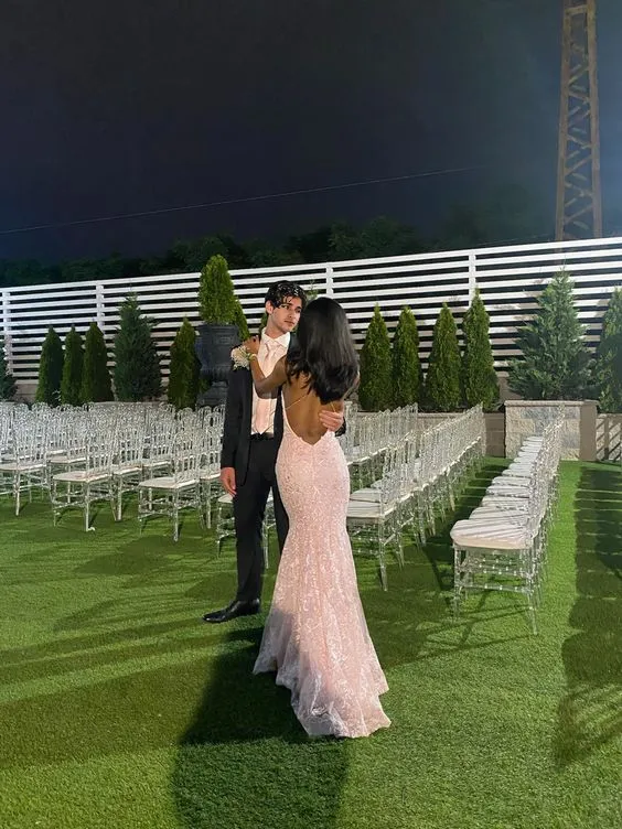 Mermaid Formal Wear Dresses Pink Tulle Lace Long Prom Dresses Appliques Backless Evening Party Dress