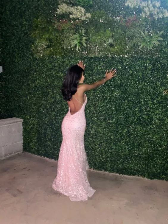 Mermaid Formal Wear Dresses Pink Tulle Lace Long Prom Dresses Appliques Backless Evening Party Dress
