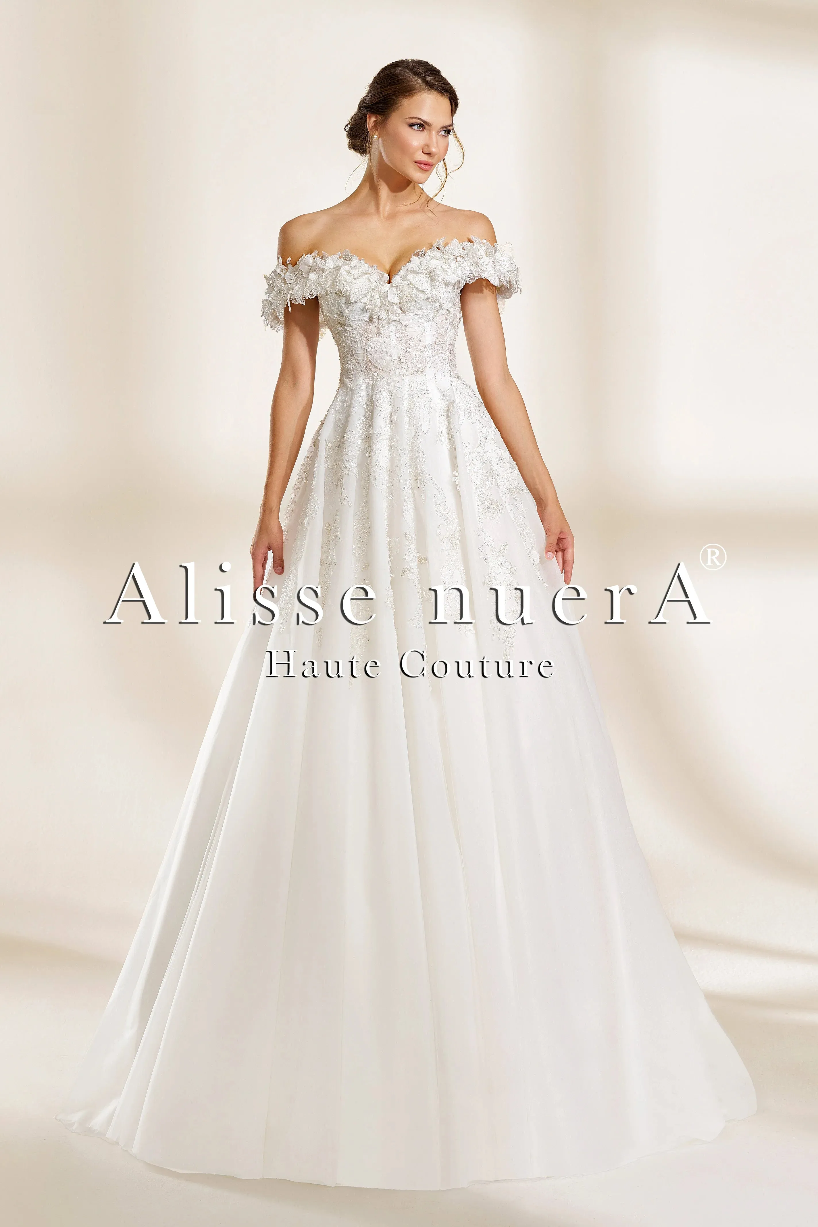 Off the Shoulder A Line Wedding Dress with 3D Leaf Appliqués
