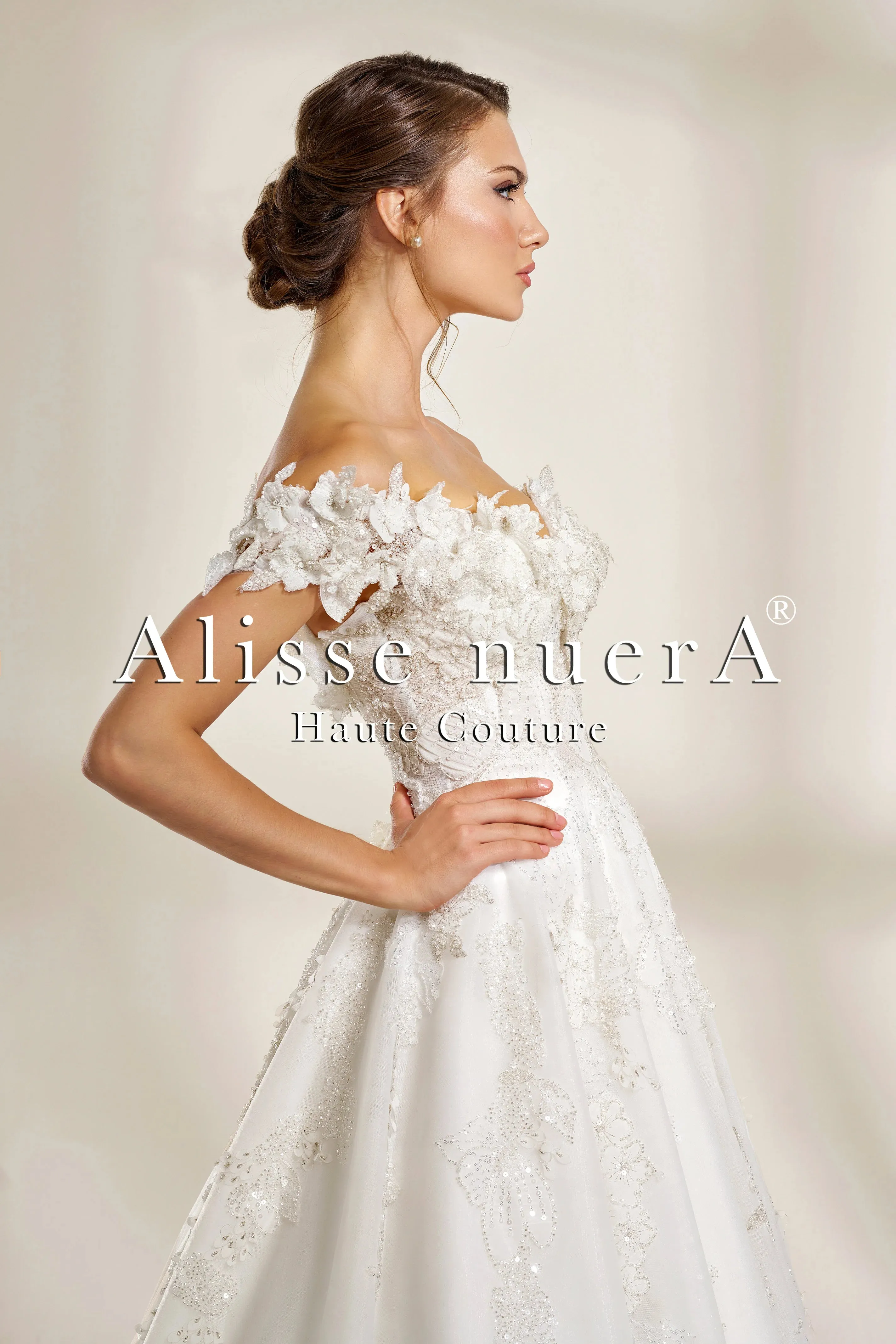 Off the Shoulder A Line Wedding Dress with 3D Leaf Appliqués