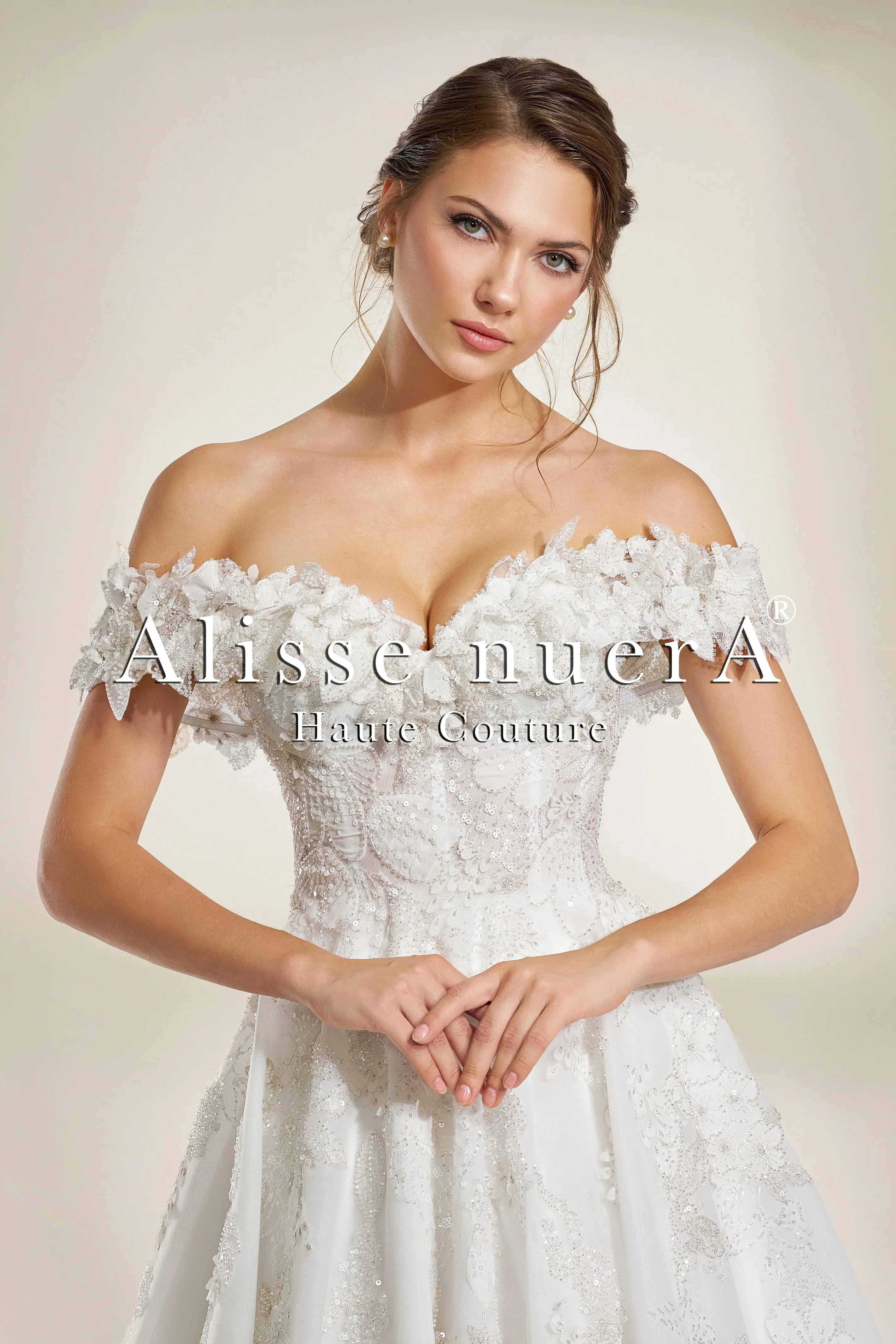 Off the Shoulder A Line Wedding Dress with 3D Leaf Appliqués