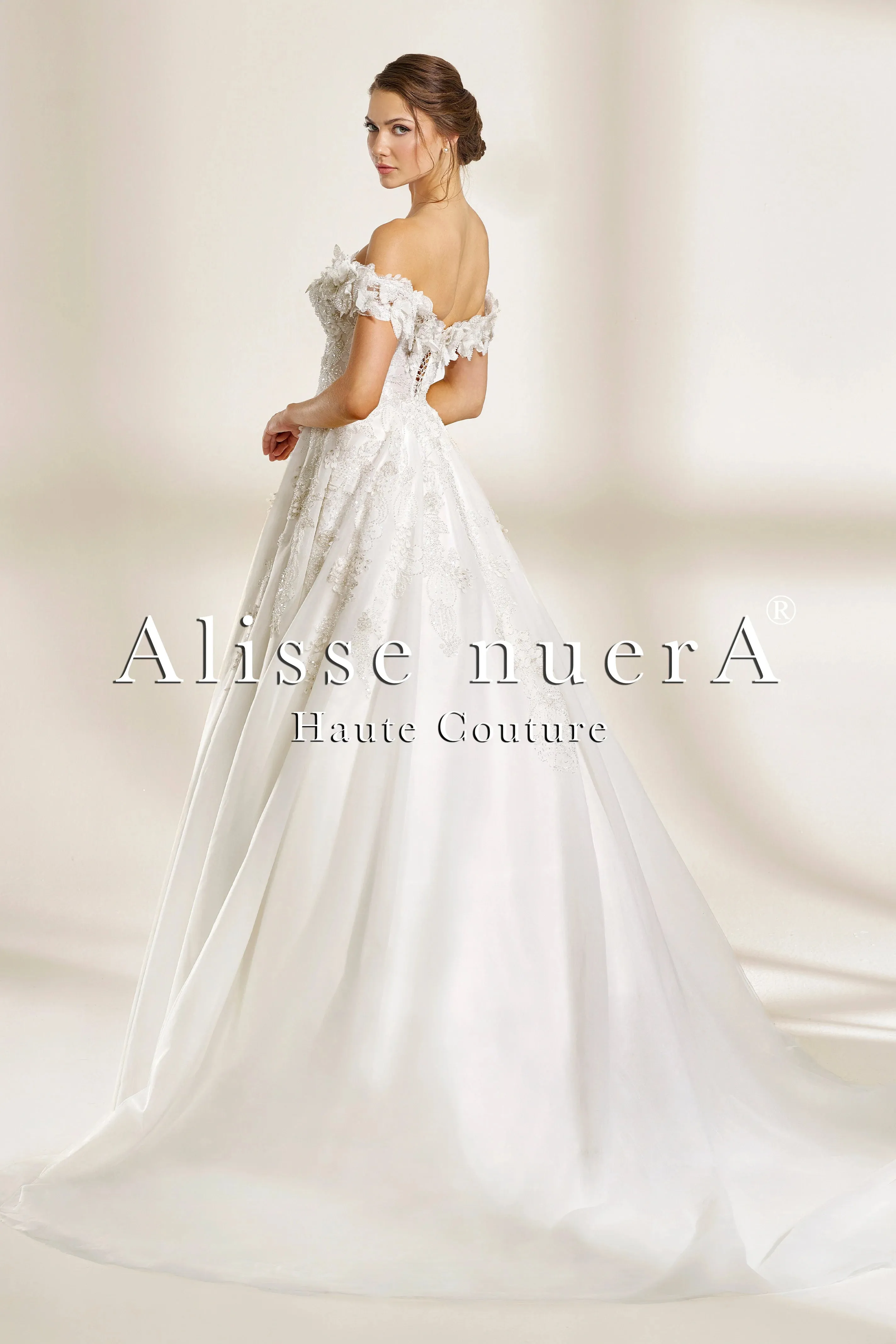 Off the Shoulder A Line Wedding Dress with 3D Leaf Appliqués