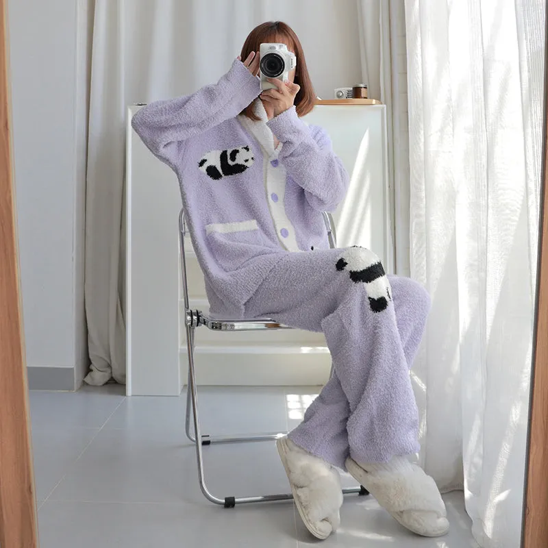 Panda Pattern Pocket Button-up Lapel Winter Pajama Set