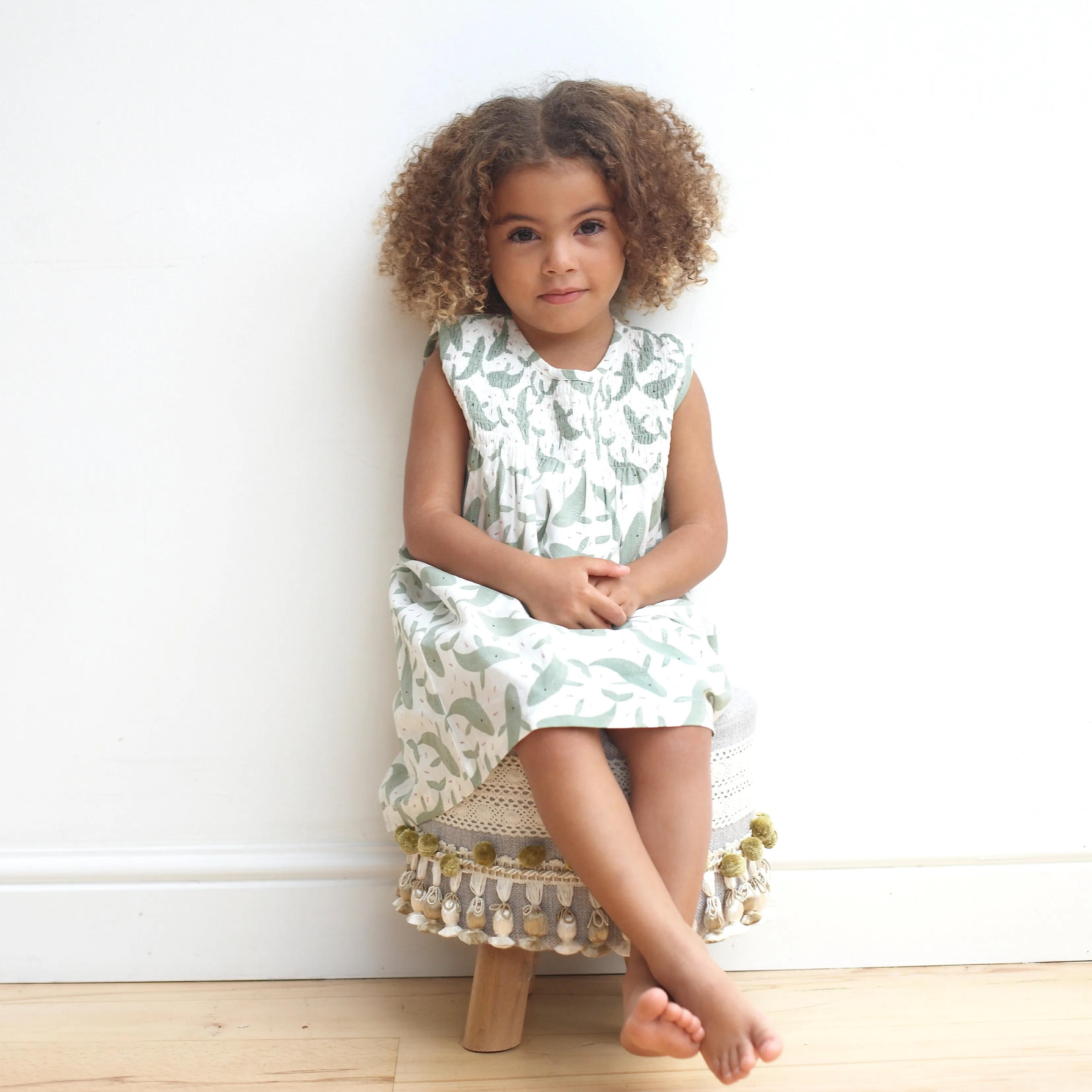 Pigeon Sleeveless smock dress, whales - tea green