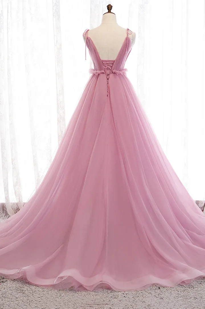 Pink Tulle Long Prom Dresses A-Line Evening Party Dresses V-neck Sexy