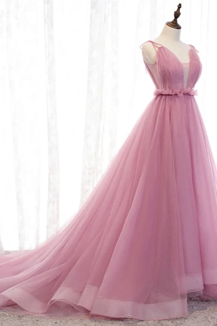 Pink Tulle Long Prom Dresses A-Line Evening Party Dresses V-neck Sexy