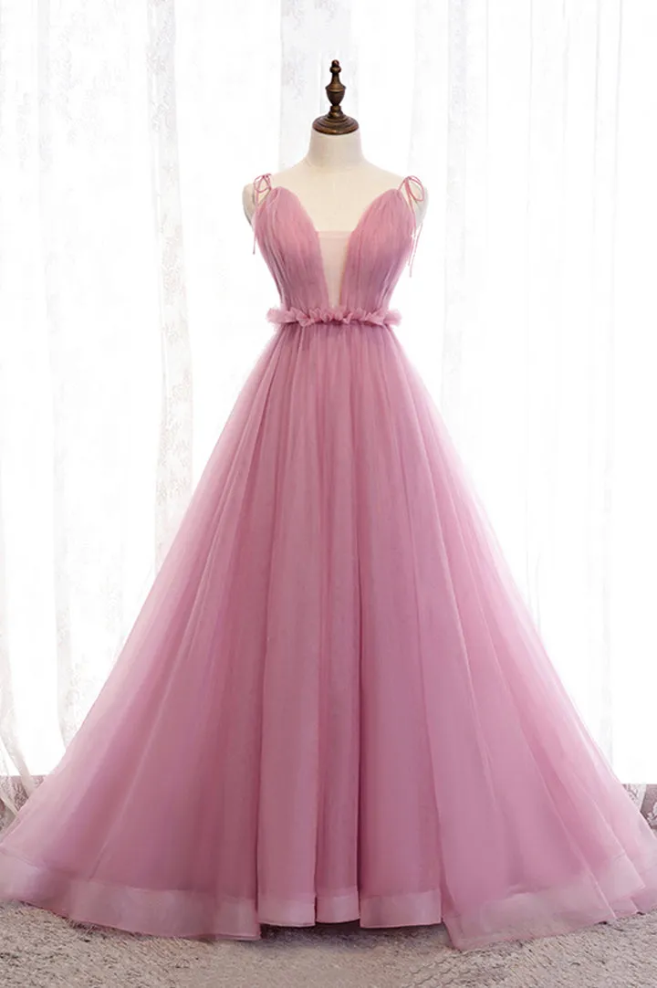 Pink Tulle Long Prom Dresses A-Line Evening Party Dresses V-neck Sexy
