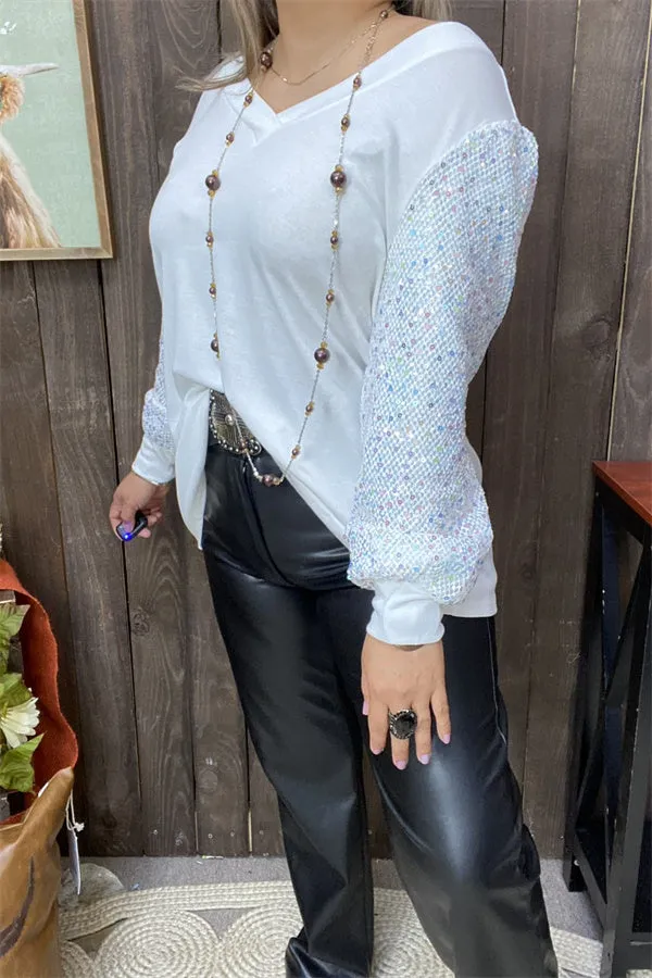 XCH15149 Sequin long sleeve w/tighten cuff white women tops